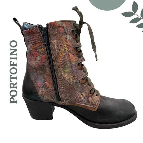 PORTOFINO Leather Ankle Boots with Floral Panel Green Portugal Size 39 US 8.5/9 - Picture 4 of 13